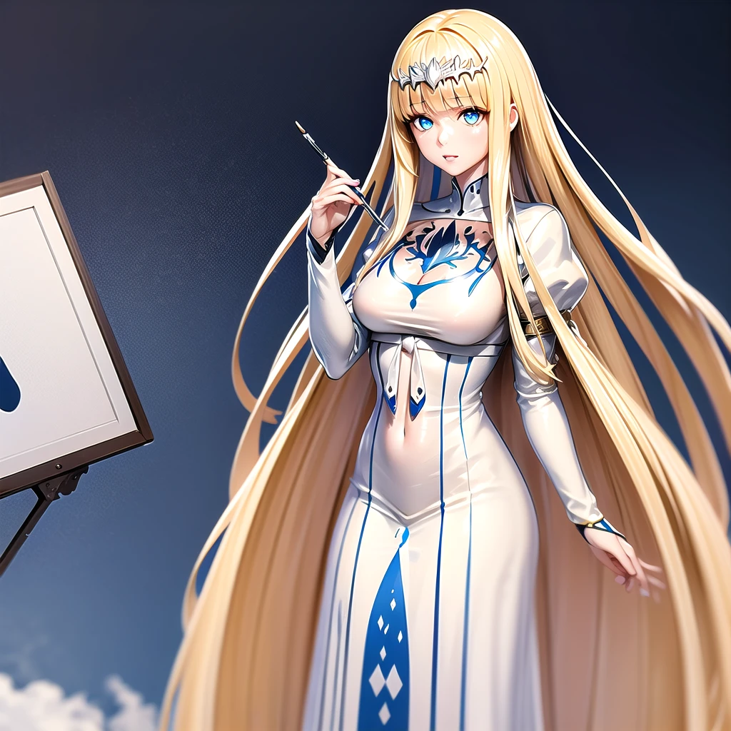 masterpiece, best quality, paint splatter, a looking at viewer, 1girl,solo, calca, blonde hair, ,( extremely long hair:1.2), very long hair, extra long hair, white tiara, white dress, blue eyes,Calca Bessarez, medium breast,Calca,