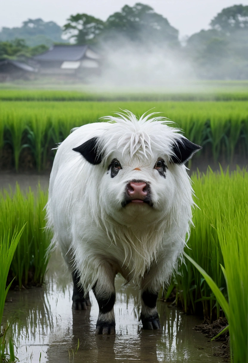realistic, japanese horror, kunekune, standing in the center of the rice field, white color, 2m feet, Appearance like white mist, Appears near rice fields and rivers in summer, Moves in a way that doesn't seem like a living thing