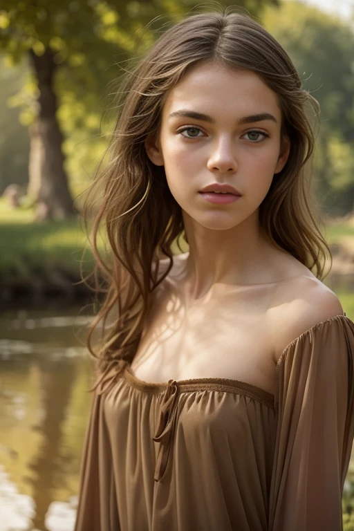 (Pauline Hoarau, 18 years old:1.2), very pale skin, hyper photorealistic, cute French peasant girl circa 1250 AD, bathing in a river, swimming in a river, huge and magnificent oak trees, detailed face and eyes,  innocence, purity, shy, perfect young adult skinny body, very pale skin, very small breasts, full body portrait, innocent face, Masterpiece, idyllic aura, medieval environment, a middle ages windmill in the background, cinematic lighting, light brown detailed hair, brown eyes, little smile, fine facial traits, slim physique, depth of field, cinematic