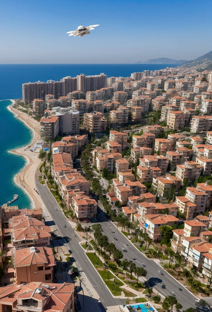 Spacecraft flying in the sky over Alanya district of Antalya, walking on the streets in 2050