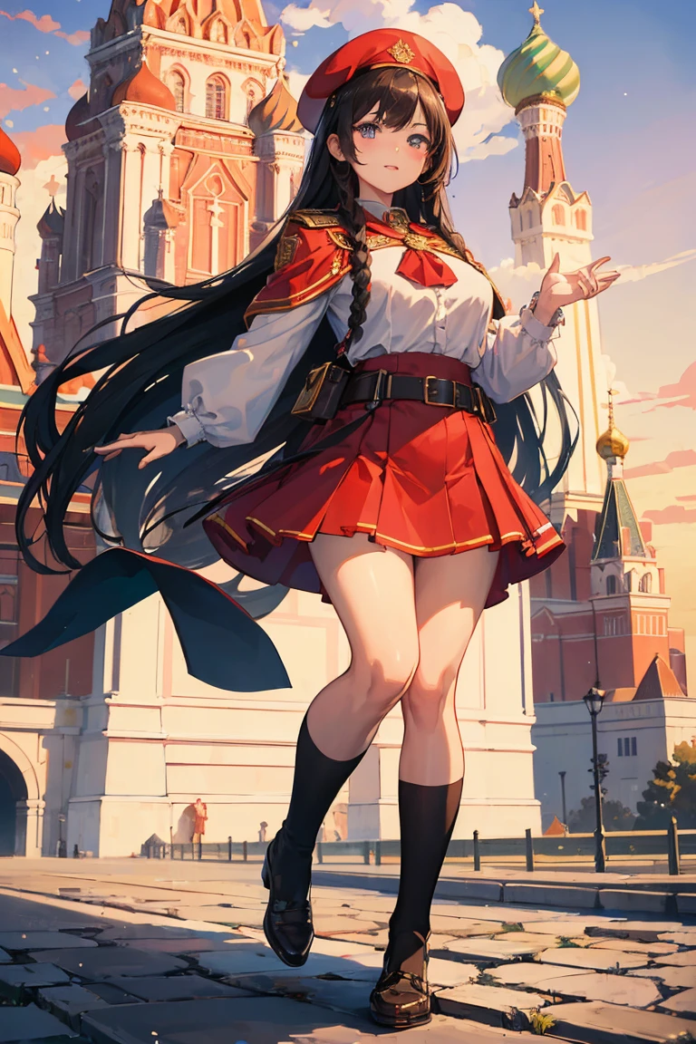 ((Best quality, 8K, masterpiece:1.4)), Anime style, full body, beautiful Soviet girl, long straight dark brown hair in a neat braid, large expressive deep blue eyes, tall and athletic with curvy figure, traditional Soviet attire with red neckerchief, white blouse, dark skirt, red beret with Soviet emblem, Soviet military medals, confident and proud expression, standing in Red Square, Moscow, highly detailed background with the Kremlin and St. Basil's Cathedral, vibrant and bustling scene, patriotic atmosphere.