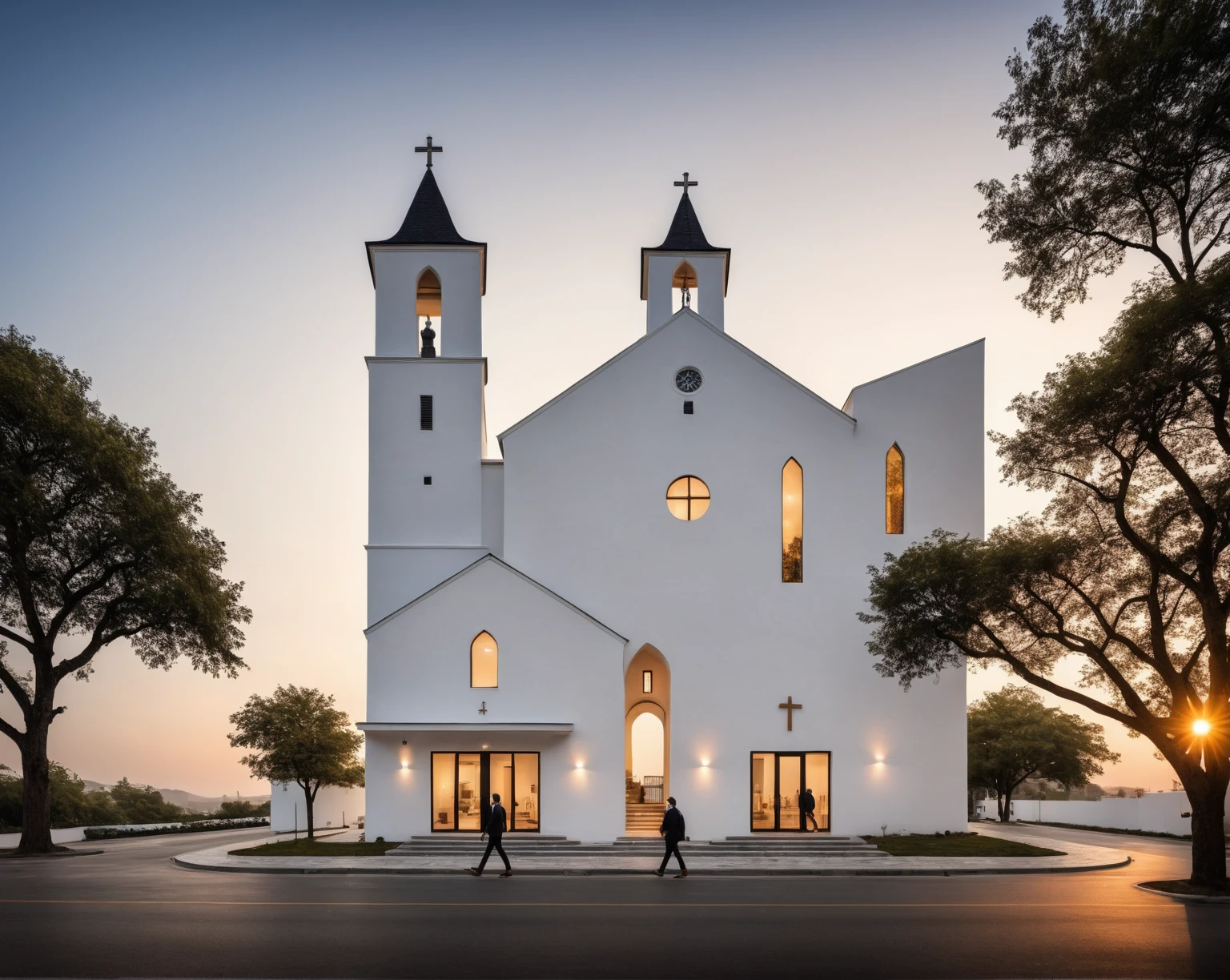 raw photo, best quality, ultra realistic, masterpiece, best quality skin, photography hd, dslr,
tcs, httlvn, modern church, road, people, house, facade design, outdoors, church, white walls, cross on top, dusk, sunshine, street view, 
