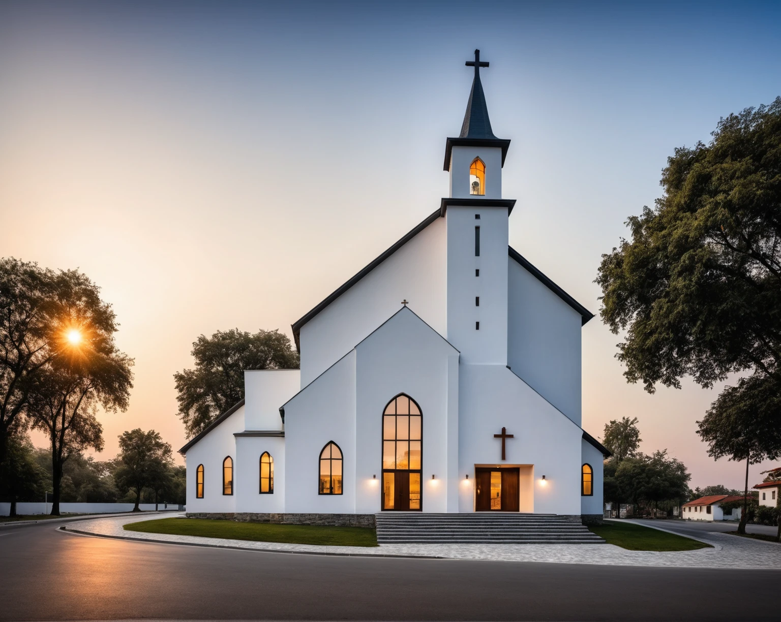 raw photo, best quality, ultra realistic, masterpiece, best quality skin, photography hd, dslr,
tcs, httlvn, modern church, road, people, house, facade design, outdoors, church, white walls, cross on top, dusk, sunshine, street view,