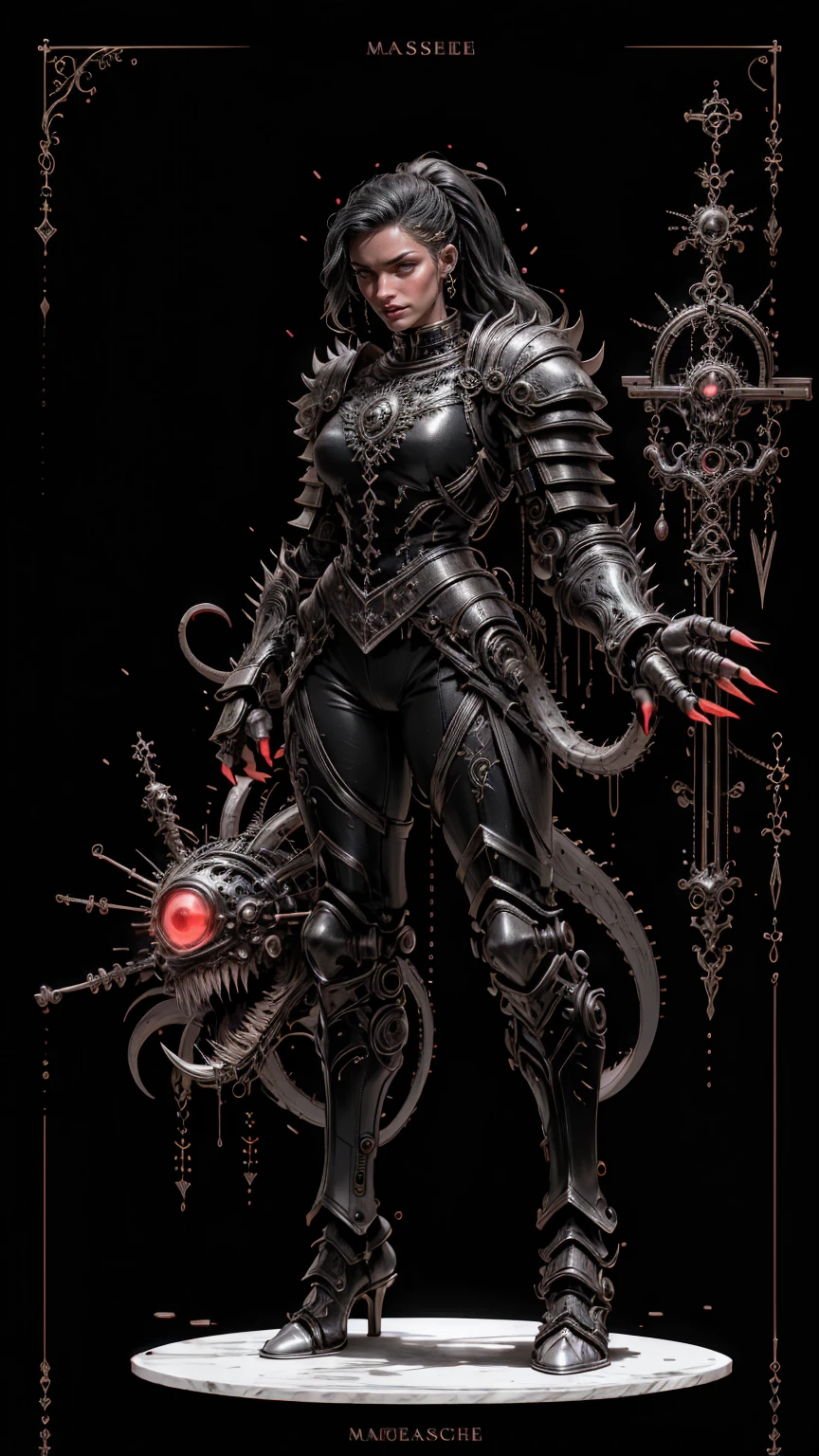 (masterpiece:1.1), (best quality:1.1), (ornate:1.1), (monochrome:1.3), (black and red:1.3), BREAK, (horror:1.0), (esoteric:1.1), (solo:1.4), (dynamic angle:1.0), (cowboy shot:1.0), (woman:1.1),(very muscular female carnage:1.25), (huge upper body:1.25), (narrow hips:1.0), long hair, (carnage intricate muscle armor:1.25), ((full body front view)), (gauntlets:1.0), (shoulder armor:1.1), ((tarot style frame))