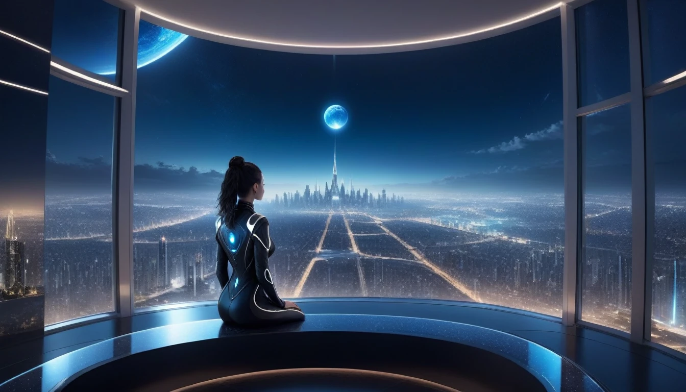 at night, front view of a person overlooking the city out of a large window in a futuristic luxury apartment with one planet in the sky