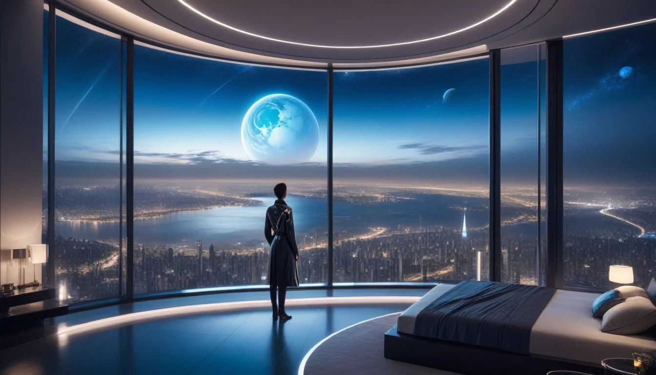 at night, front view of a person overlooking the city out of a large window in a futuristic luxury apartment with one planet in the sky