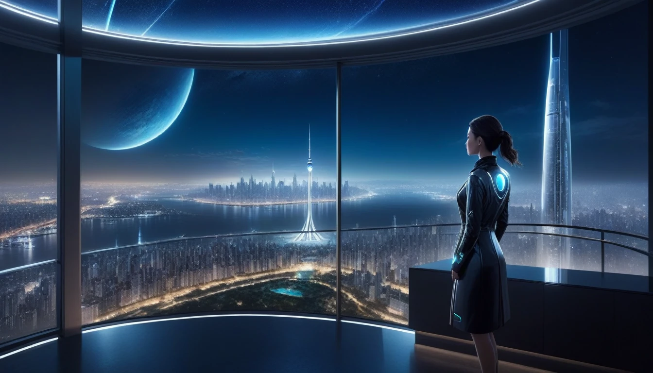 at night, front view of a person overlooking the city out of a large window in a futuristic luxury apartment with one planet in the sky
