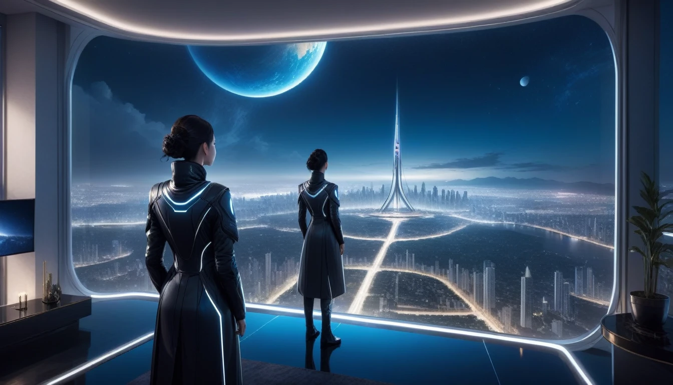 at night, front view of a person overlooking the city out of a large window in a futuristic luxury apartment with one planet in the sky