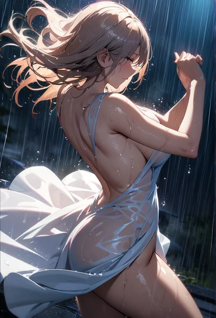 (masterpiece,top quality,high quality)), ((8K wallpaper unified with high definition CG)), (huge stunning goddess shot, so hot and sexy, jaw dropping beauty, perfect proportions, beautiful body, slim body beauty:1.3), (dancing in the rain:1.5)), Woman in white dress dancing in the rain, dancing in the rain, sloshing rain, soaking wet, soaking wet body, carnal desire, wet in the rain, wet dress, backlighting, rain, wet hair shaking, splashing rain, night, rain, portrait of dancer, facing away, looking across, Rough pose, one hand Pinching the edge of her skirt, one leg raised high, dynamic composition, view from behind, full body shot, 