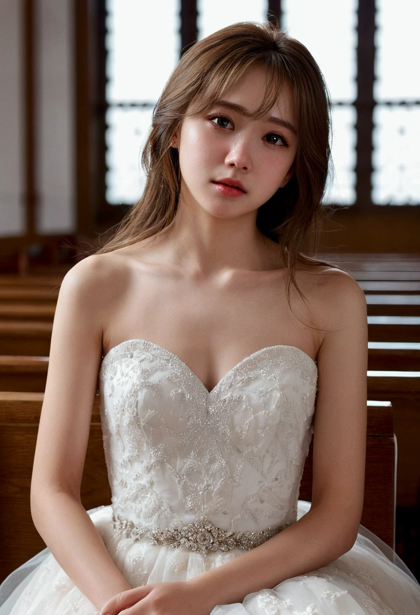 Full body photo。She has her legs crossed。(RAW Photos, Highest quality), (Realistic, Realistic:1.3), Tabletop, Crying face, Very delicate and beautiful, Soft Light, (Brown Hair, Straight shoulder-length hair fluttering in the wind), Beautiful detailed girl, Highly detailed eyes and face, Beautiful and sophisticated nose, Beautiful and beautiful eyes, (Crying face:1.3)1 Girl,Pure beauty, cute,, (Small breasts:1.2), Realistic face, Realistic body,Full body photo、Wearing a wedding dress。She is in the church。