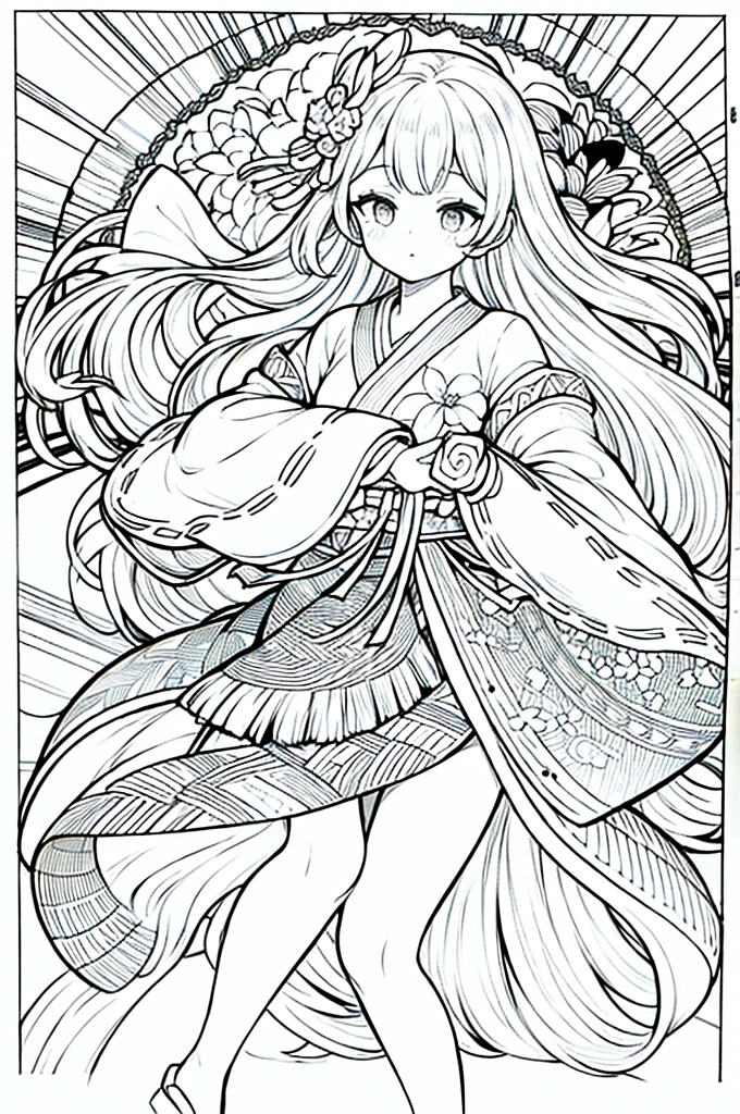As a coloring book, the color should be black and white, the border should be simple, clear, and bold. A graceful Asian girl with elegant movements is performing a traditional Japanese dance in a grand [Kabuki theater]. She is wearing an exquisite [kimono with crane pattern], the flowing silk fabric accentuating her graceful movements. The girl's face is painted with delicate makeup, and her hair is adorned with an elaborate [hair ornament]. The intricate details of the kimono and the theater setting provide a rich visual tapestry for the coloring book illustration.