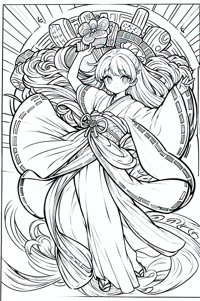 As a coloring book, the color should be black and white, the border should be simple, clear, and bold. A graceful Asian girl with elegant movements is performing a traditional Japanese dance in a grand [Kabuki theater]. She is wearing an exquisite [kimono with crane pattern], the flowing silk fabric accentuating her graceful movements. The girl's face is painted with delicate makeup, and her hair is adorned with an elaborate [hair ornament]. The intricate details of the kimono and the theater setting provide a rich visual tapestry for the coloring book illustration.