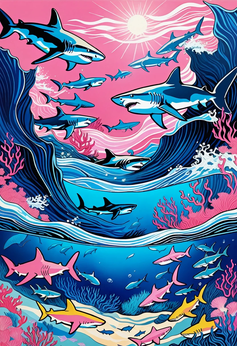 Deep blue fantasy landscape, Van Gogh style, Lots of sharks,Underwater swimming effect, Clear focus, Pink background,