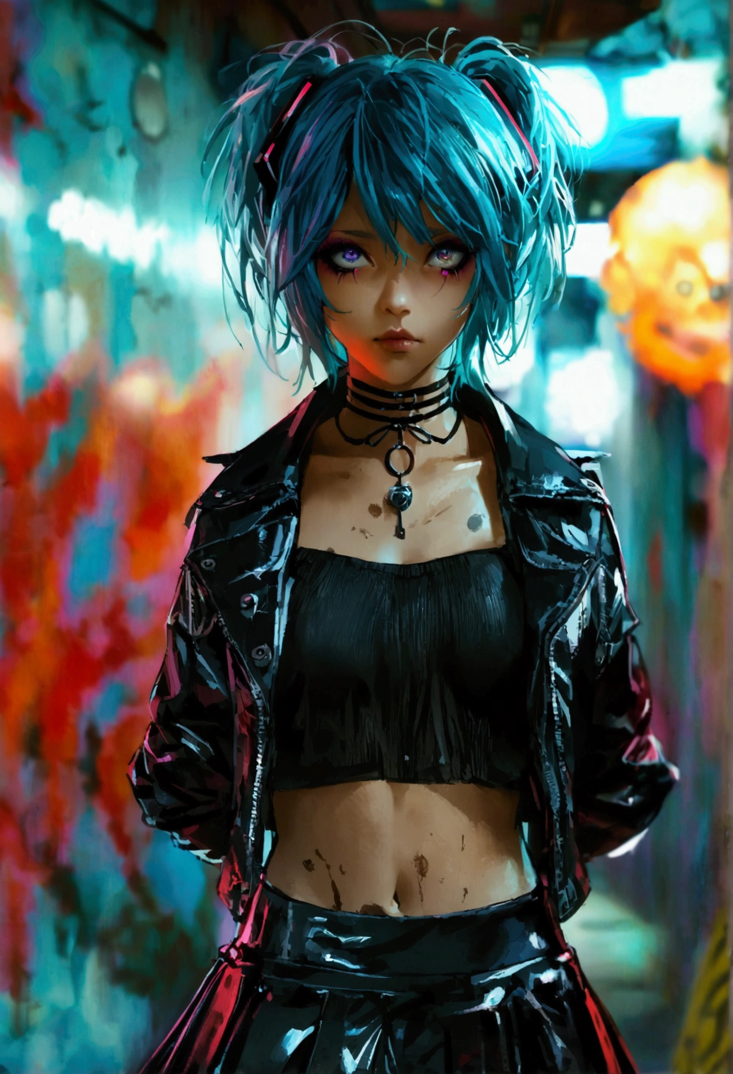Hatsune Miku、adult、shirt、Pleated skirt、blunt bangs、Gothic、Step Piece, Best Quality, Best Illustration, Ultra-detailed,girl, crazy baddie girl, Cool Black Open Short Jacket, neck tattoo, Messy Fade Cut Hair, Side braided hair,Crazy, standing with an eerie feeling, abandond street graffiti wall background,knee high socks, quirky sneakers, Eyeshadow on the eyes,unusual colored eyes, Eyes of fear, vivid eyes, cool shot