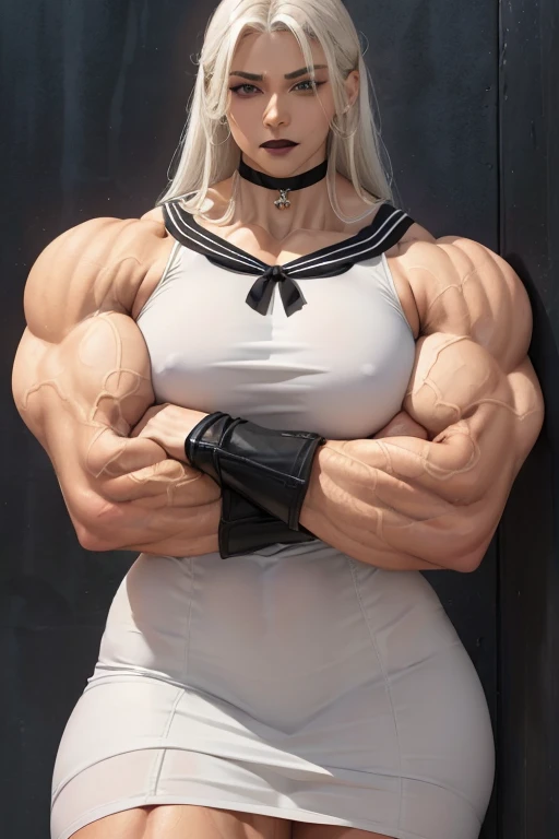 ((((Massive tall, beautiful, buff, light brown skinned muscular woman with white hair, black lipstick, ginormous bulky muscles, leaning on a wall crossed arms and wearing a beautiful white sailor dress)))), (close view), (massive muscles), long straight hair, ((pantyhose under dress)), blue eyes, choker, ((beautiful white sailor dress)), belt, thigh high socks, black boots, (in the city of glass), (closed smile), night, massive muscles