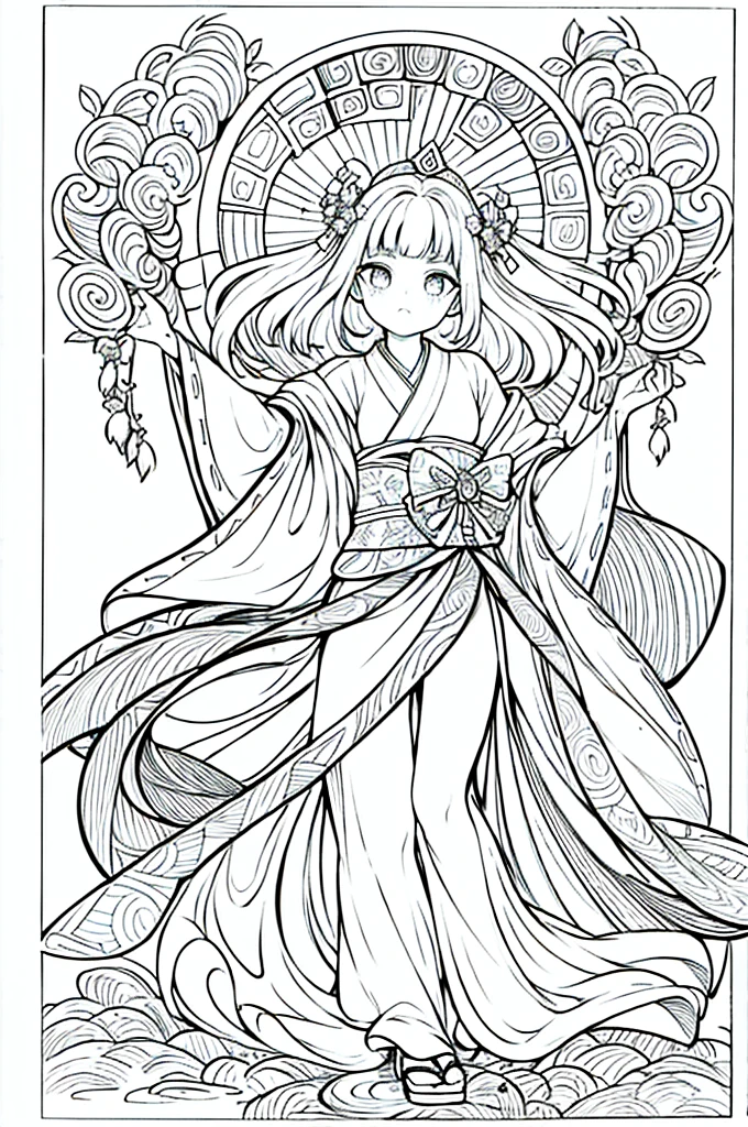 As a coloring book, the color should be black and white, the border should be simple, clear, and bold. A graceful Asian girl with elegant movements is performing a traditional Japanese dance in a grand [Kabuki theater]. She is wearing an exquisite [kimono with crane pattern], the flowing silk fabric accentuating her graceful movements. The girl's face is painted with delicate makeup, and her hair is adorned with an elaborate [hair ornament]. The intricate details of the kimono and the theater setting provide a rich visual tapestry for the coloring book illustration.