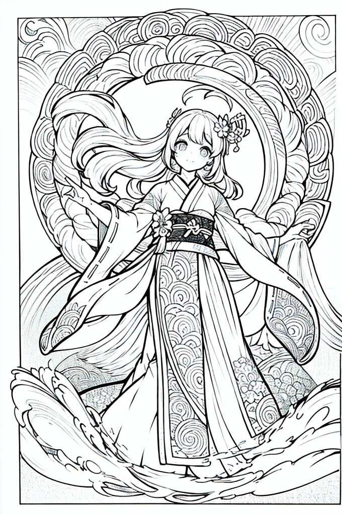 As a coloring book, the color should be black and white, the border should be simple, clear, and bold. A graceful Asian girl with elegant movements is performing a traditional Japanese dance in a grand [Kabuki theater]. She is wearing an exquisite [kimono with crane pattern], the flowing silk fabric accentuating her graceful movements. The girl's face is painted with delicate makeup, and her hair is adorned with an elaborate [hair ornament]. The intricate details of the kimono and the theater setting provide a rich visual tapestry for the coloring book illustration.
