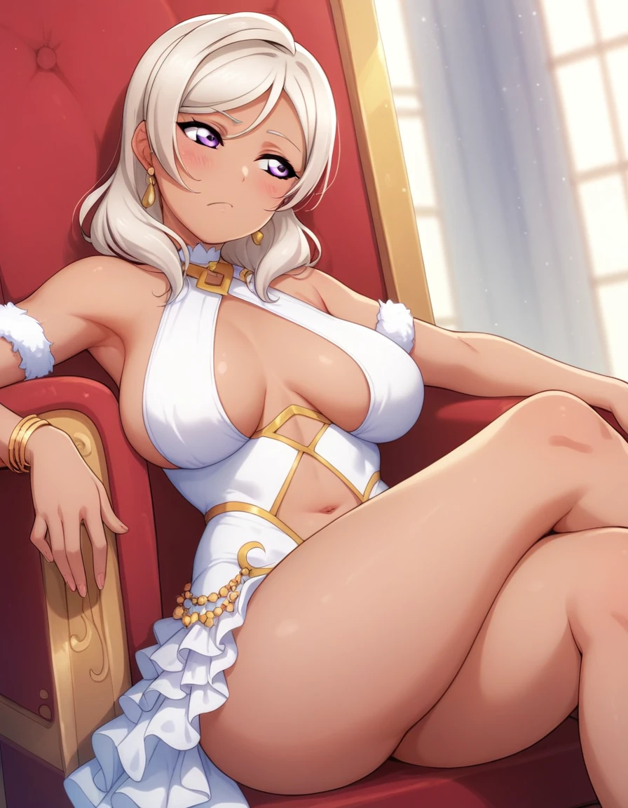 Maki nishikino,love live, highres, shiny white hair , purple eyes,blush , closed mouth, sitting on throne, crossed legs, elbow support, bare shoulders dress, vertical cutout,navel, breasts apart, slightly dark skin,thighs , looking away, bored, facing viewer , (sagging breasts:0.7), squeeze body,2 flame lighters ,head tilt