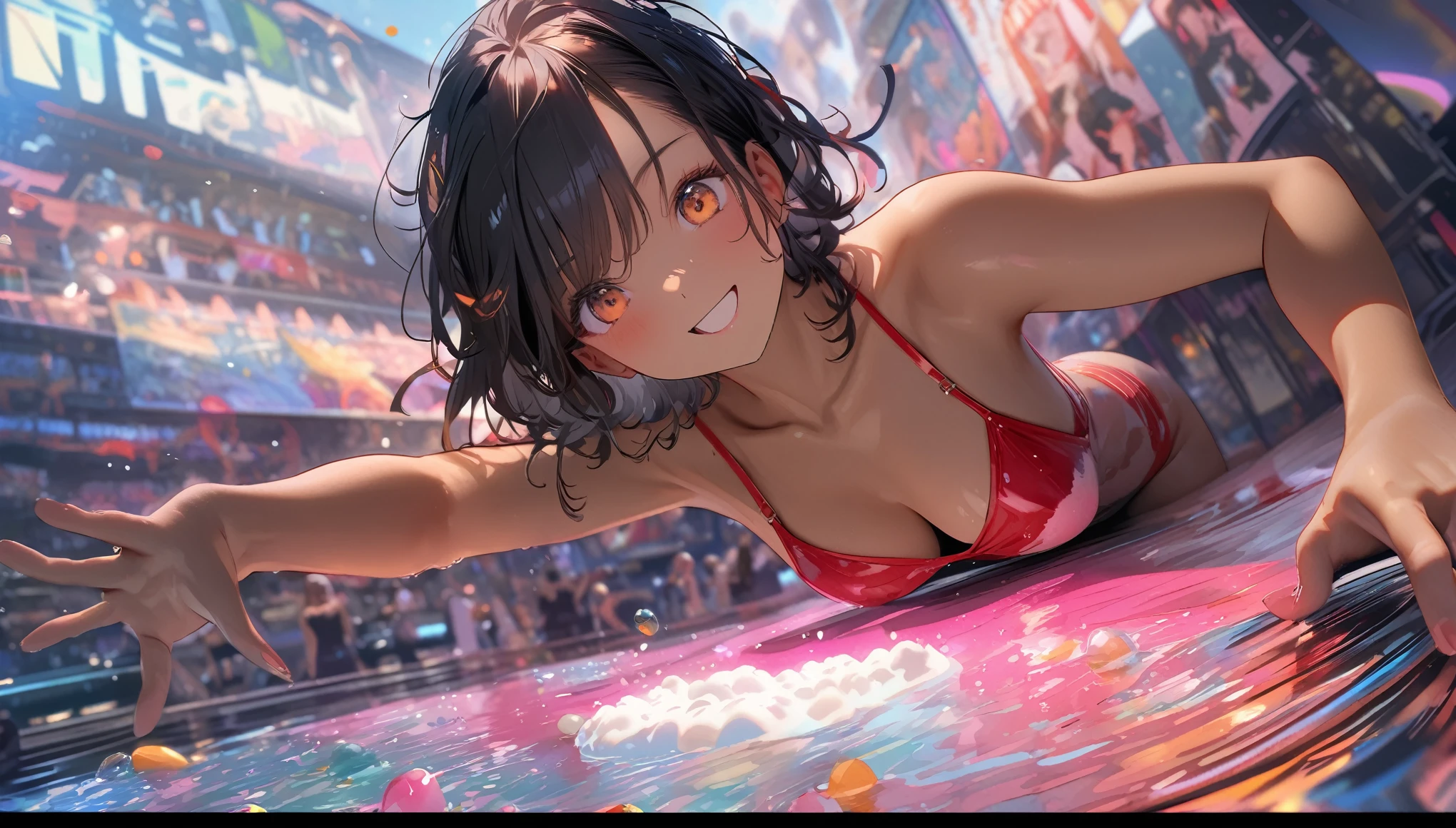 quality\(8k,wallpaper of extremely detailed CG unit, ​masterpiece,hight resolution,top-quality,top-quality real texture skin,hyper realisitic,increase the resolution,RAW photos,best qualtiy,highly detailed,the wallpaper,cinematic lighting,ray trace,golden ratio\), BREAK ,pool\(huge,foam pool, pool party, float mat\), multicolored laser beams, DJ, 6+girls\(sexy swimsuit, breasts, tan, beautiful, cute, big eyes, smiling, Parisian, cocktail, flashy\), dynamic pose, dynamic Angle,at midnight, loud sound, vibes