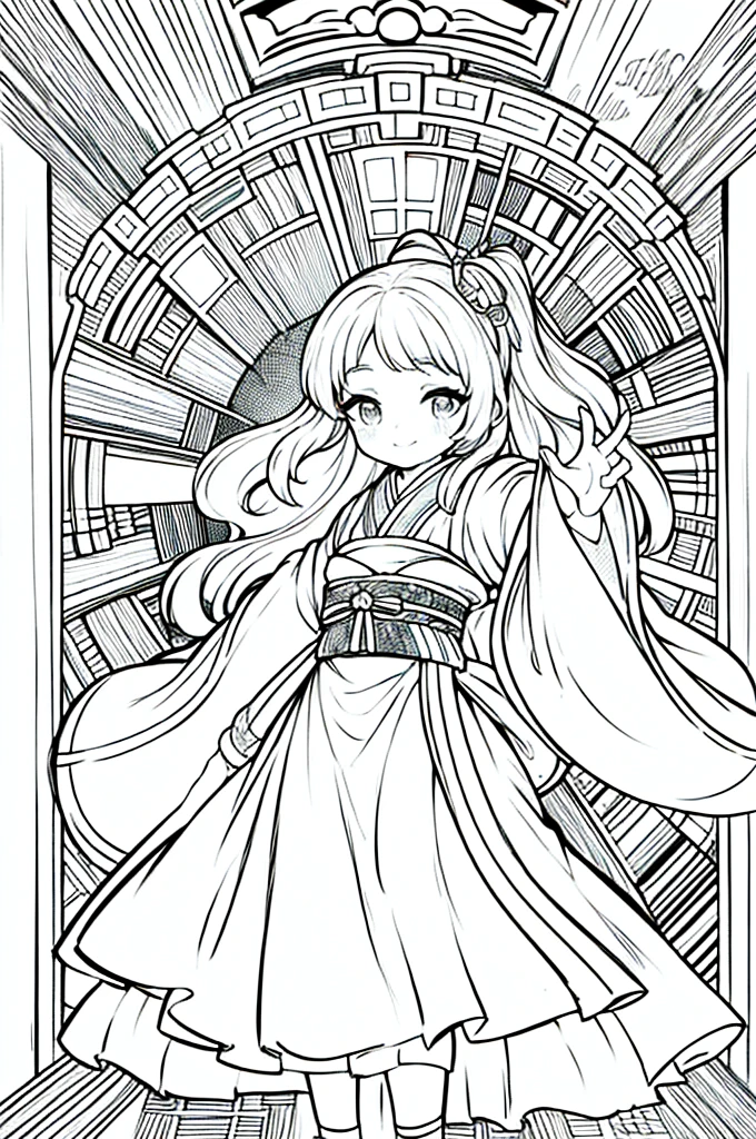 As a coloring book, the color should be black and white, the border should be simple, clear, and bold. A graceful Asian girl with elegant movements is performing a traditional Japanese dance in a grand [Kabuki theater]. She is wearing an exquisite [kimono with crane pattern], the flowing silk fabric accentuating her graceful movements. The girl's face is painted with delicate makeup, and her hair is adorned with an elaborate [hair ornament]. The intricate details of the kimono and the theater setting provide a rich visual tapestry for the coloring book illustration.