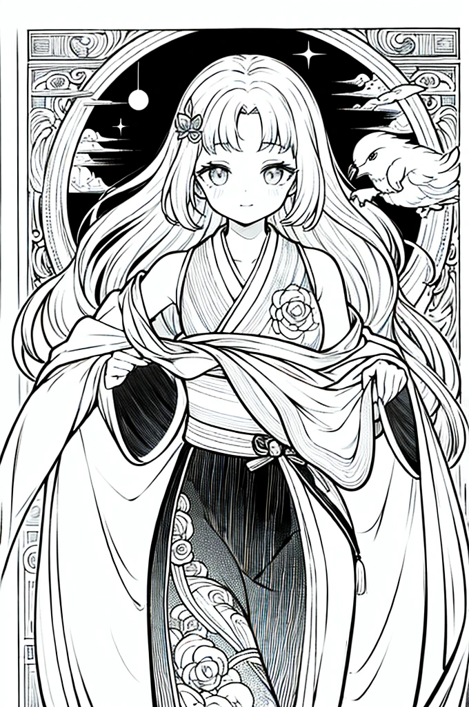 As a coloring book, the color should be black and white, the border should be simple, clear, and bold. A graceful Asian girl with elegant movements is performing a traditional Japanese dance in a grand [Kabuki theater]. She is wearing an exquisite [kimono with crane pattern], the flowing silk fabric accentuating her graceful movements. The girl's face is painted with delicate makeup, and her hair is adorned with an elaborate [hair ornament]. The intricate details of the kimono and the theater setting provide a rich visual tapestry for the coloring book illustration.