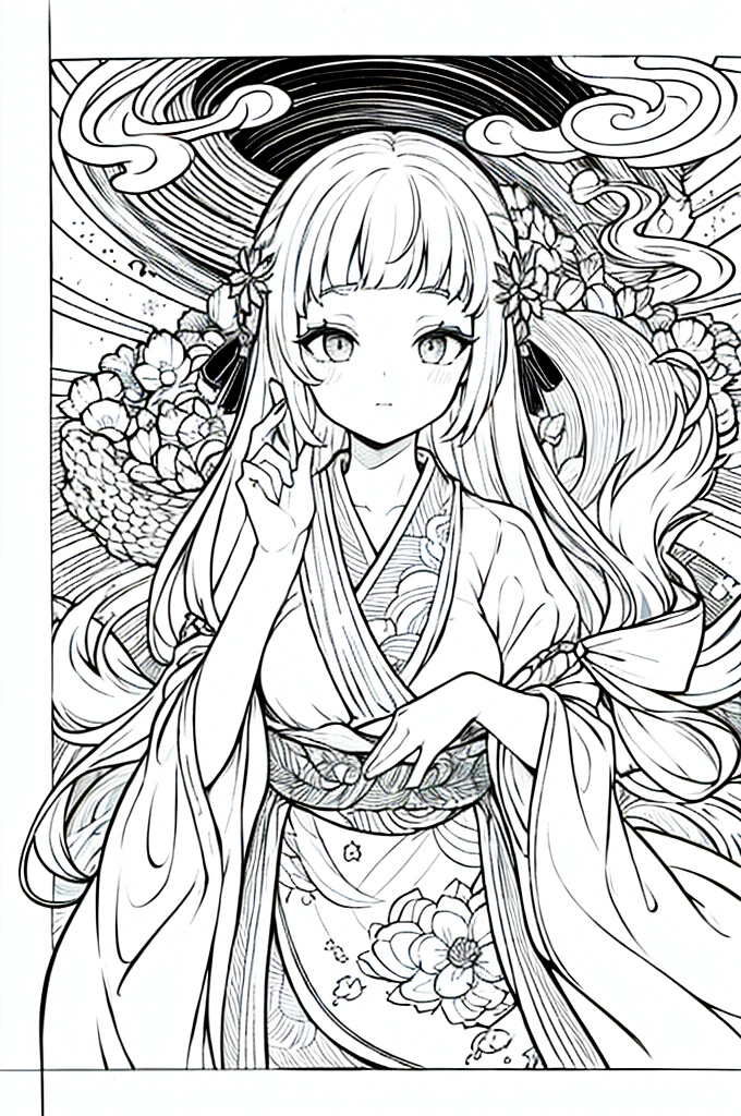 As a coloring book, the color should be black and white, the border should be simple, clear, and bold. A graceful Asian girl with elegant movements is performing a traditional Japanese dance in a grand [Kabuki theater]. She is wearing an exquisite [kimono with crane pattern], the flowing silk fabric accentuating her graceful movements. The girl's face is painted with delicate makeup, and her hair is adorned with an elaborate [hair ornament]. The intricate details of the kimono and the theater setting provide a rich visual tapestry for the coloring book illustration.