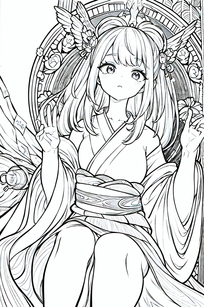 As a coloring book, the color should be black and white, the border should be simple, clear, and bold. A graceful Asian girl with elegant movements is performing a traditional Japanese dance in a grand [Kabuki theater]. She is wearing an exquisite [kimono with crane pattern], the flowing silk fabric accentuating her graceful movements. The girl's face is painted with delicate makeup, and her hair is adorned with an elaborate [hair ornament]. The intricate details of the kimono and the theater setting provide a rich visual tapestry for the coloring book illustration.