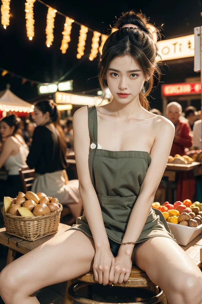 (((best quality))),(((ultra detailed))),(((masterpiece))),illustration,(1 beautiful girl,solo),(short ponytail:1.2),(sheer apron:1.2),((bare shoulder,bare arms)),((slim,thin)),((small breasts,flat chest)),((slender legs,sneakers)),shopping, market, meat, bustling,early morning,bright eyes, flushed face, lively appearance, energetic, vendors, calls, wares, plastic sheets, spices, haggling, examining, cuts, beef, stall, butcher paper, scale, kaleidoscope, colors, sounds, fruits, vegetables, animated, talking, joking, background, food stall, breakfast rolls, vendor, steaming, fresh bread, butter, early hour, energy, chatting, vibrant, chaotic, community,((night scene,outdoor)),(surrounded by crowded crowds:1.3),((sitting on a stool,arms behind back,spread legs apart)),((from front,upper body))