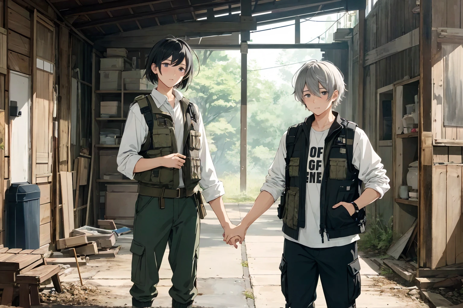 2others, (1girl, _young, girl with short gray hair, gray eyes, wearing dirty grey torn dress), (1man, military vest and cargo pants), holding hands, (size difference:1.5), tumblr, sosaku hanga, doujin, ddlc, zerochan, top quality, best quality, highres, unparalleled masterpiece, perfect artwork, paid reward available, indoor