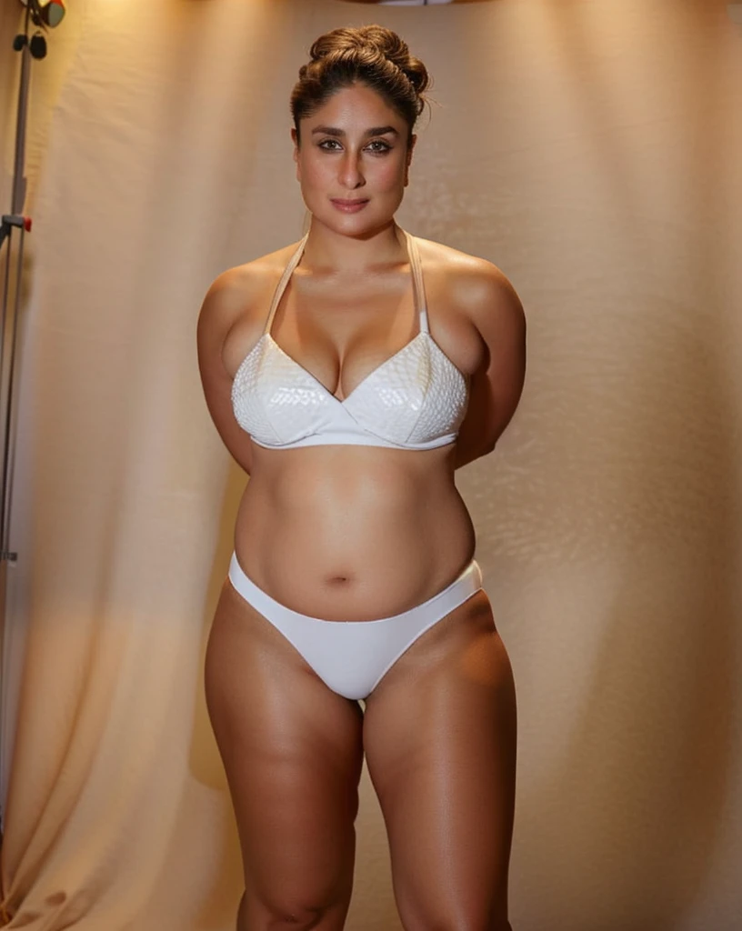 ntg kareena kapoor, thick thighs,white bikini, seductive expression, studio lighting, photography studio backdrop, 1girl, solo, masterpiece, detailed photo, highly detailed, high definition, Hasselblad, no makeup, no filter, rustic, full body shot, close up, parted lips,standing