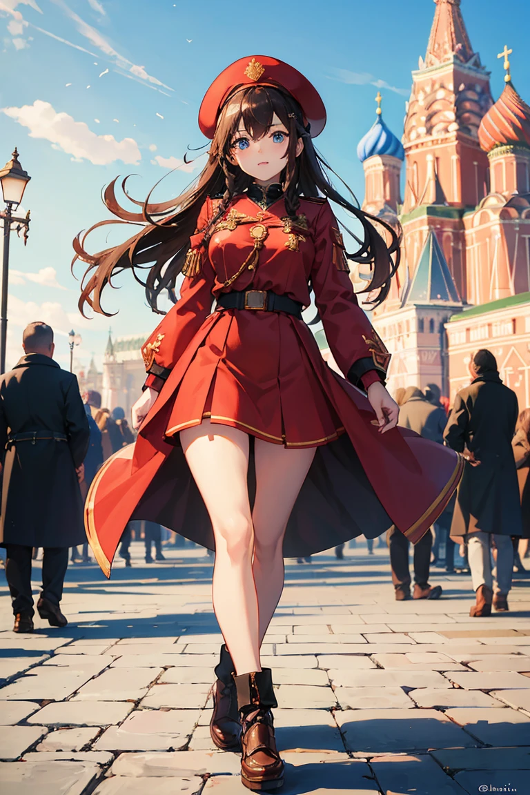 ((Best quality, 8K, masterpiece:1. 4))), anime style, full body, beautiful Soviet girl, long straight dark brown hair in a neat braid, large expressive blue eyes, tall and athletic with a curvy figure, traditional Soviet outfit with red scarf, white blouse, dark skirt, red beret with Soviet emblem, Soviet military medals, confident and proud expression, standing on Red Square, Moscow, highly detailed background with Kremlin and St Basil's Cathedral, bright and noisy scene, patriotic atmosphere.