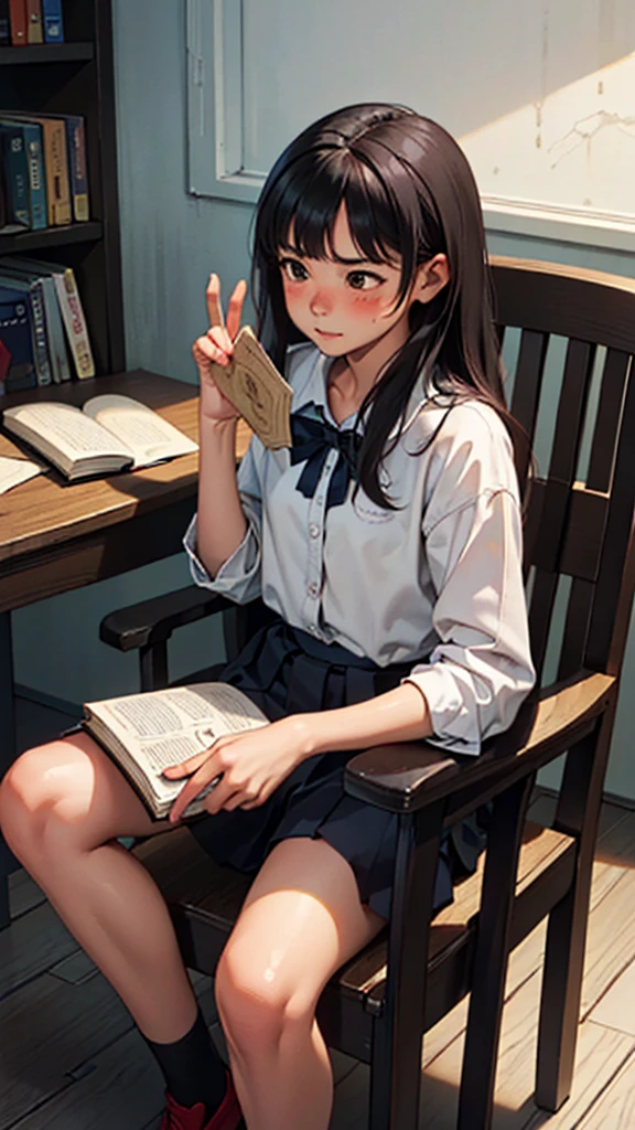 (girl sitting on a chair and reading a book),High School days, One girl, bangs, Black Hair, blush, Brown eyes, avert your eyes, Long Hair、、Pounding face、Red Tide、、School、High resolution、Professional、Highly detailed face、Perfect lighting、 Highly detailed CG、(Perfect hands、Perfect Anatomy)、Serious girl、Cheerful girl