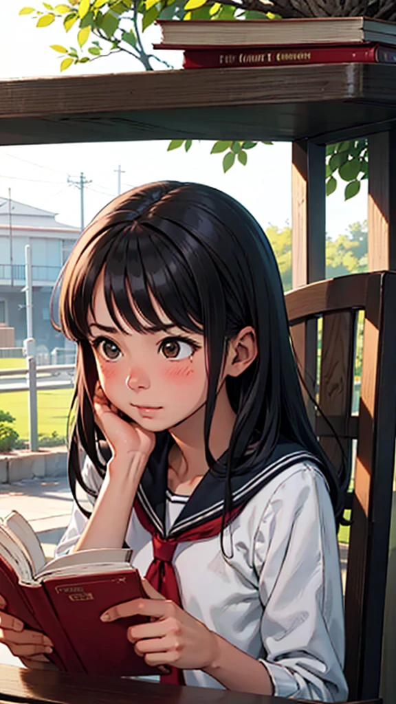 (girl sitting on a chair and reading a book),High School days, One girl, bangs, Black Hair, blush, Brown eyes, avert your eyes, Long Hair、、Pounding face、Red Tide、、School、High resolution、Professional、Highly detailed face、Perfect lighting、 Highly detailed CG、(Perfect hands、Perfect Anatomy)、Serious girl、Cheerful girl