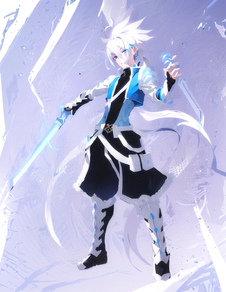 sketches of a drawing of a androgynous young boy, Kilua from hunter x hunter, an anime drawing, detailed fanart, hero 2d fanart artsation, ( ( character concept art ) ), anime drawing, game art!!, with out shading, anime shading), dramatic wielding sword pose, anime shading, white hair, glowing blue eyes, pale skin, black ninja trousers, black vest, short blue jacket, metallic accents, full body, long ponytail, long hair