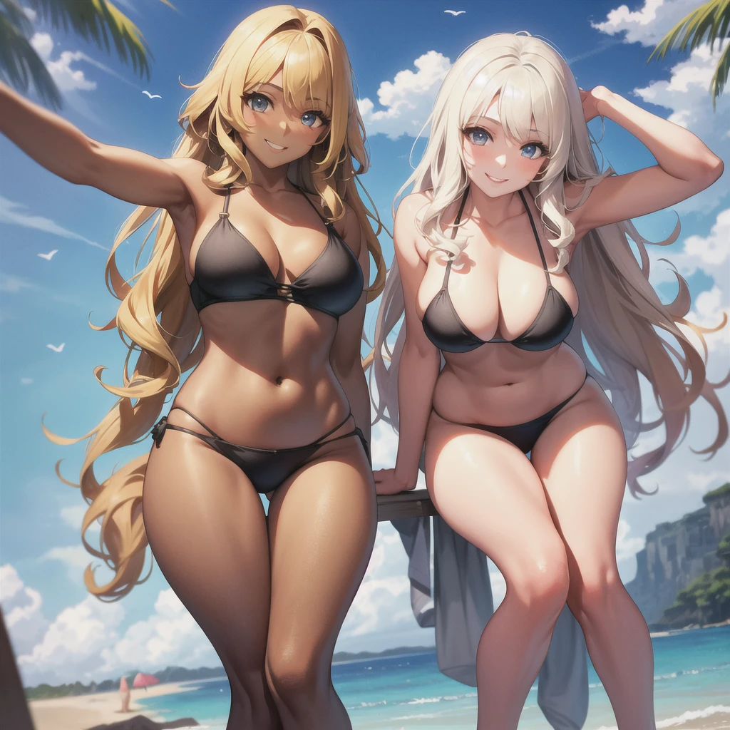 Realistic, 3 beautiful Japanese gals, Selfie, Face Enhancement, Face Zoom, Big smile, Long blonde hair, Wavy Hair, Dark Skin, Beach, bikini, Looking up from below