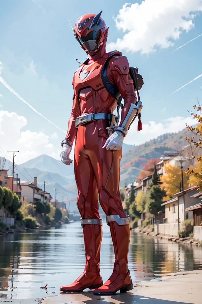 The sunset flies with the lonely geese in the distance, and the autumn river water and the vast sky are connected, icons,1boy, full body, Illustration, cinematic light, high resolution, best quality, ultra detailed, masterpiece, power suit, powerranger, suit, spd, (silver ranger suit), gold detail