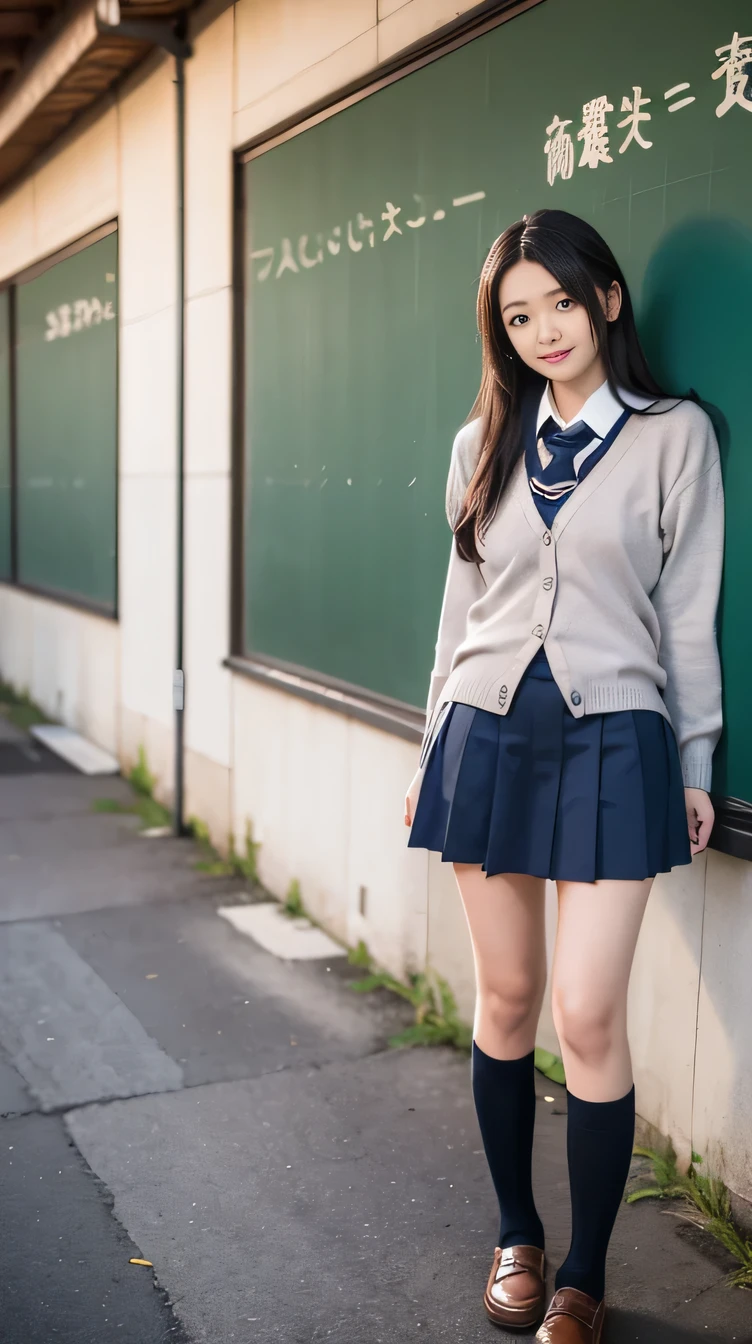 (Realistic, photo-Realistic:1.4),(Highest quality,masterpiece),RAW Photos, High resolution, Intricate details, In detail, Cinema Lighting, (whole body, Front view:1.5),  A 16-year-old Japanese girl is standing, Leaning against the wall outside the classroom, Makes your face smaller, thin, slim, thin, thin legs, (cardigan, skirt, Wearing the Tokiwadai School uniform:1.4), Black Hair, 
