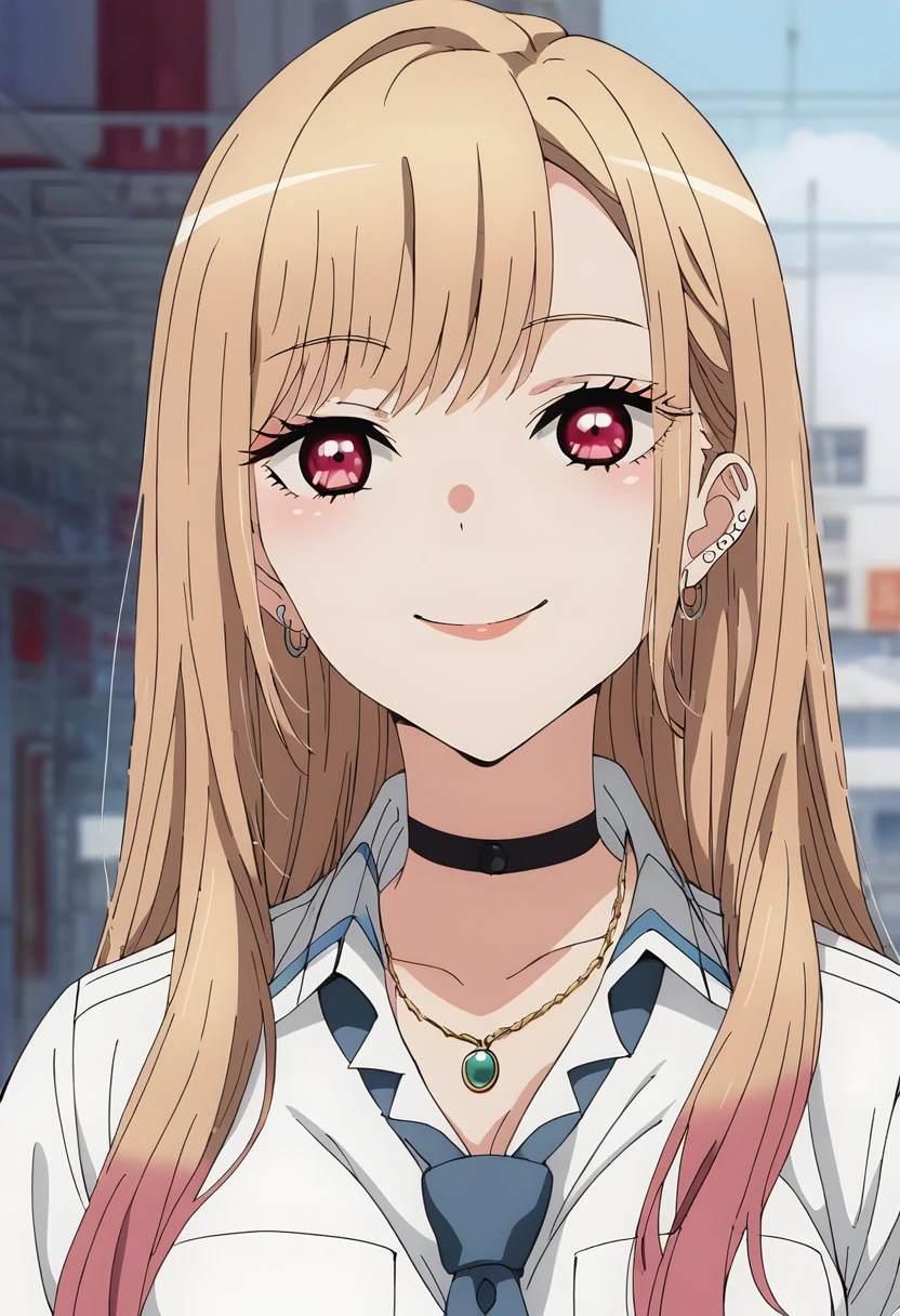 (((nsfw))),(score_9_superior, score_8_superior, score_7_superior), (masterpiece, Highest quality, Super detailed, Intricate details, source anime, High resolution, Smooth lines), Kitagawa Marine, One girl, alone, Long Hair, chest, View your viewers, smile, bangs, Blonde, large chest, Red eyes, jewelry, medium chest, Multicolored Hair, Earrings, choker, necklace, black choker, Earrings, ear Earrings, , White shirt, tie shirt, Blue tie, Checked skirt, anime,