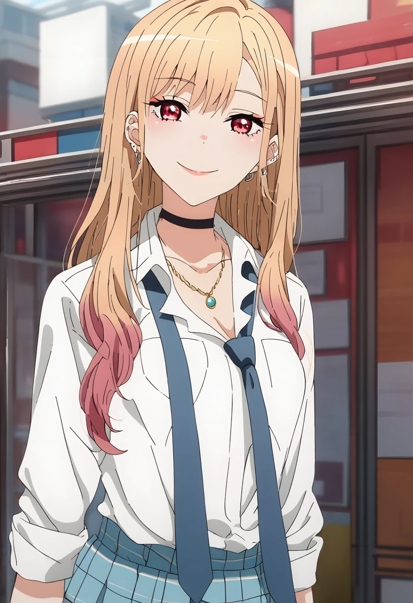 (((nsfw))),(score_9_superior, score_8_superior, score_7_superior), (masterpiece, Highest quality, Super detailed, Intricate details, source anime, High resolution, Smooth lines), Kitagawa Marine, One girl, alone, Long Hair, chest, View your viewers, smile, bangs, Blonde, large chest, Red eyes, jewelry, medium chest, Multicolored Hair, Earrings, choker, necklace, black choker, Earrings, ear Earrings, , White shirt, tie shirt, Blue tie, Checked skirt, anime,