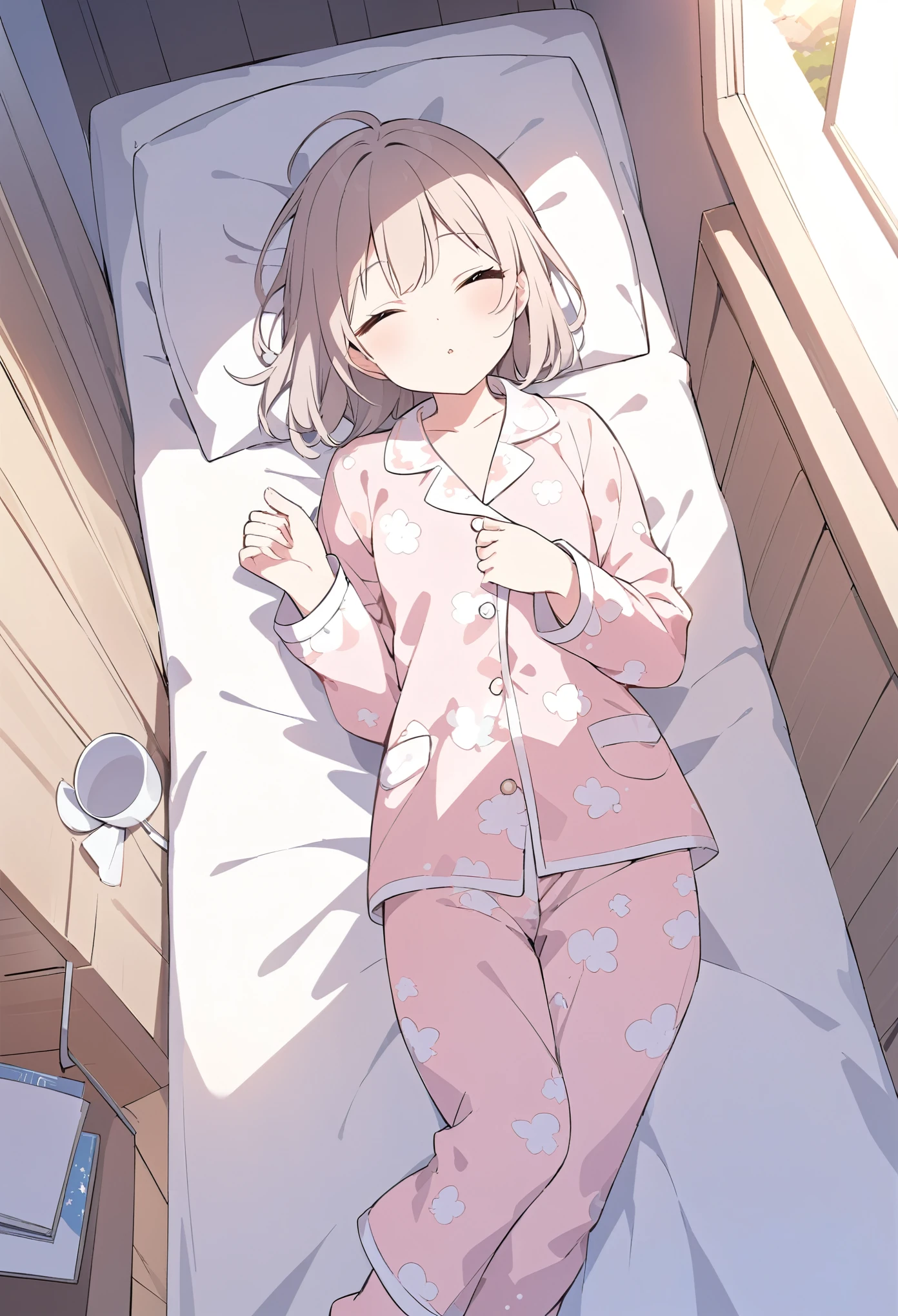 high school student、女子high school student、Inside the room、pajamas、Pajamas、before sleep、Sleeping in bed、Cute face、dark、Landscape、Landscapeで寝る、Landscapeの顔、profile、Lie down on the bed、Top view、View from above
