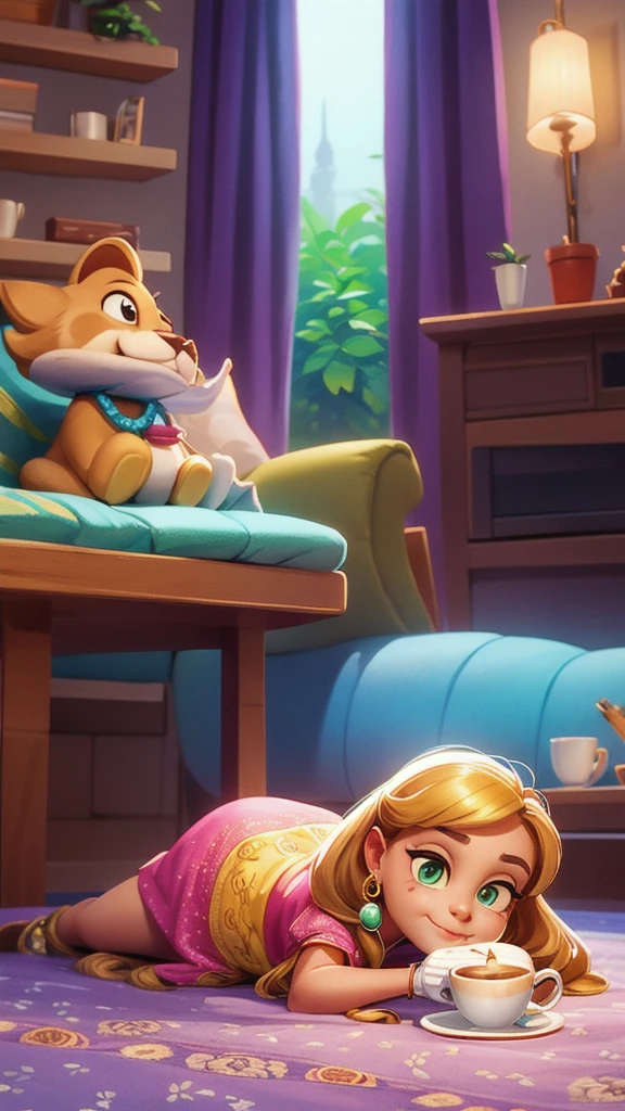 Concept Art,character illustration of a,European and American cartoons,（whole body：1.5），Mid-Long View，carpet，（Puppy lying on the floor），shoe，一个20岁的金发女生悠闲的sit在living room，blonde，Holding a cup of coffee，A laid-back expression，Relax，Leisure，European and American cartoons，1 Girl,freckle,Solitary,Jewelry,Green Eyes,Weaving,earrings,twin Weavings,necklace,Looking at the audience,,plant,Puff sleeves,bracelet,Smile,Long hair,puffy short sleeve,Necklace,dress，flower，Coffee cup，Gloves，earrings，Jewelry，肘部Gloves，cup，，sit，sofa，window，cake，小cake，sofa，living room，solo
