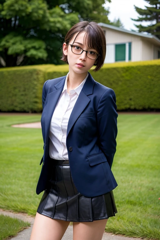 ((Highest quality)), ((masterpiece)), (detailed), One girl, short hair, boyish, Schoolyard. rain, Glasses, uniform, Wet clothes, mini skirt, Big Breasts, whole body, Arms crossed,