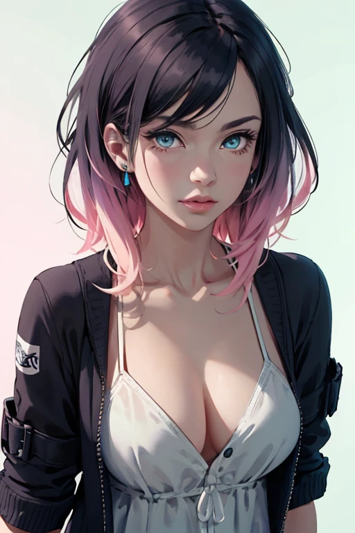 girl with long black and light pink ombre hair, blue eyes, she is wearing a black spaghetti strap style dress and a light pink cardigan, wearing a black high-top converse, aesthetically pleasing 2D focus anime with a touch of realistic vibes, Touches of sage green, plain white background, Fortnite survey skin art style, Valorant Art Style, Mitsuri kanroji theme