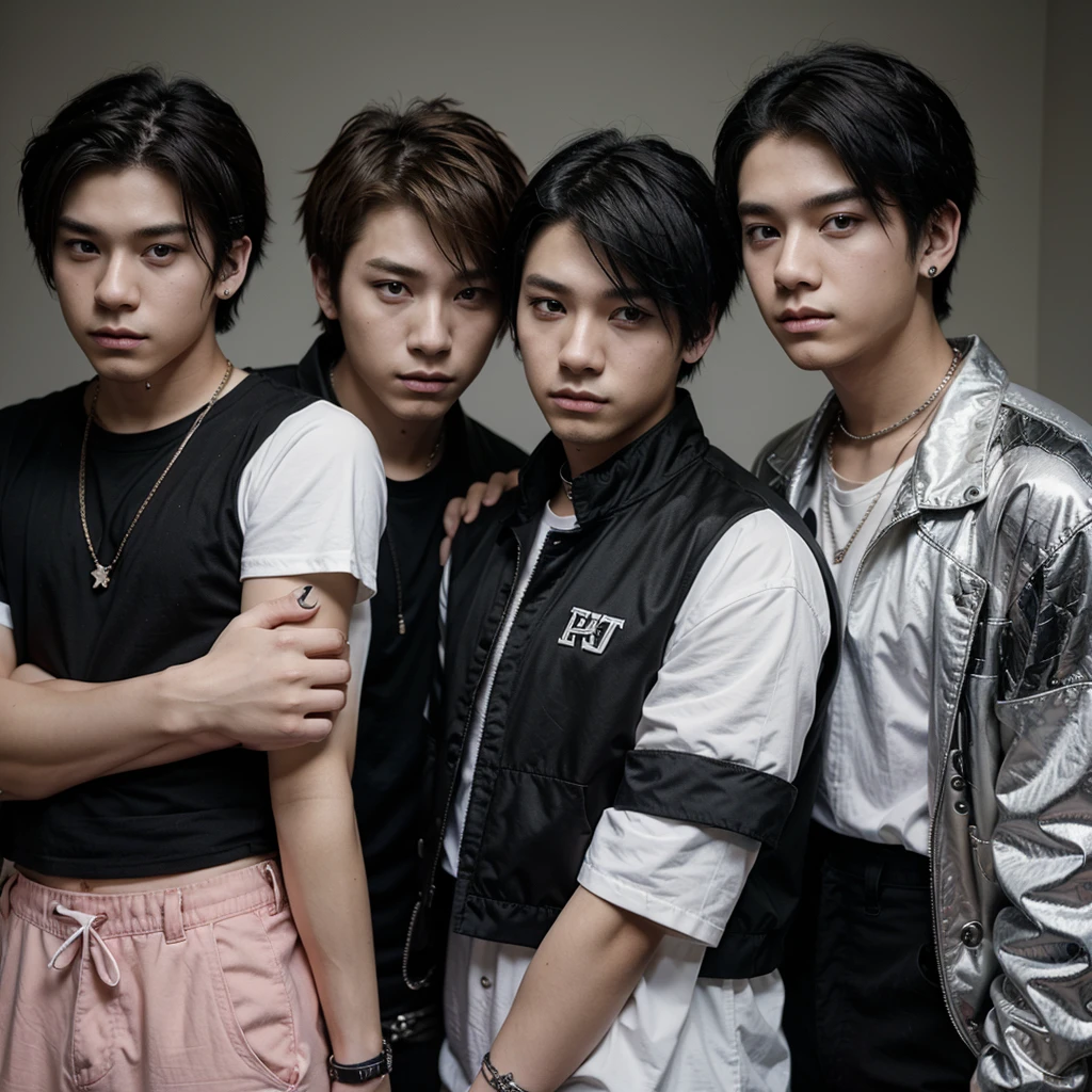 teen male k-pop band in 2000s emo pop aesthetic