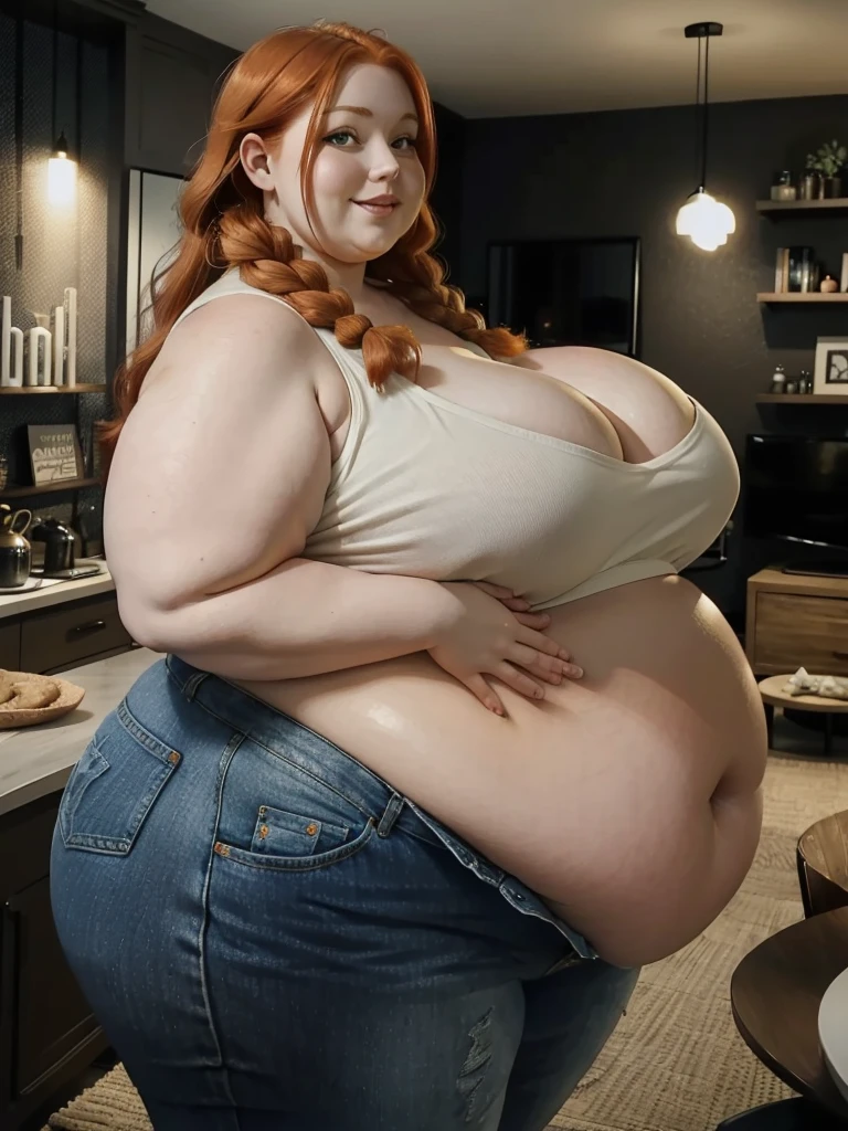 A happy, sidewiev photo of a young redhead ssbbw with long braided ginger hair, very very Huge soft hanging sideview fat belly, her belly hanging over her sideview thights, very obese fat arms, huge butt, cute pretty face, fat huge breasts in a summer top and jeans, holding her huge hanging belly in a modern livingroom
