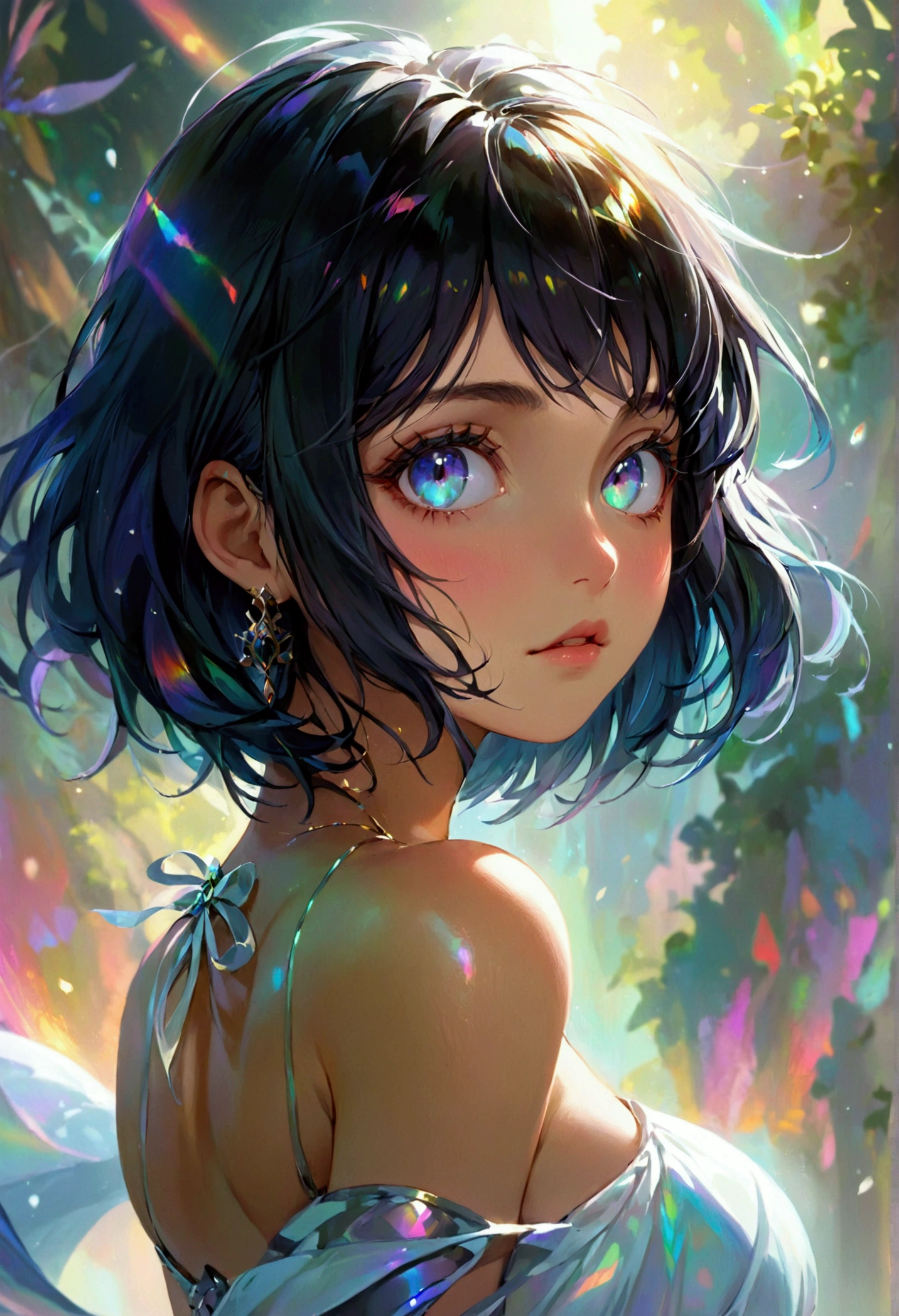 (masterpiece), best quality, expressive eyes, perfect face, Girl,long dark iridescent hair, iridescent eyes, small waist, medium chest, large thighs, fantasy clothes