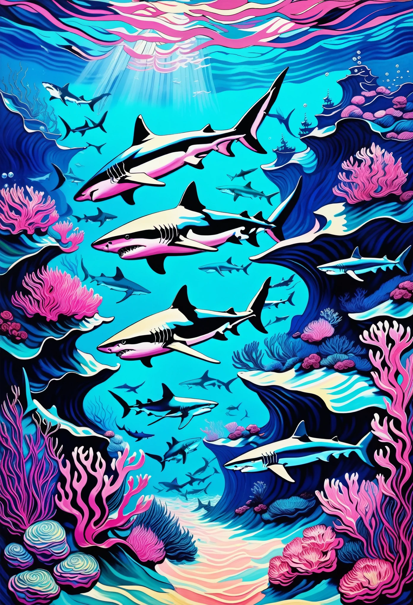 Deep blue fantasy landscape, Van Gogh style, Lots of sharks,Underwater swimming effect, Clear focus, Pink background,