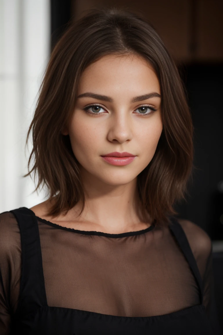 Image ultra détaillé, meilleur qualité, chef d'oeuvre. Jeune femme de 25 ans brune, allongé sur lit, visage parfait, très jolie, grosse poitrine, habillé d'une belle tenu classe en noir, mise au point net du visage, réalisme, Grain de film, sony a4riii Objectif 30 mm RAW f1.8 ouverture, très détaillé (Photographie analogique, couleurs hdr ultra 4k