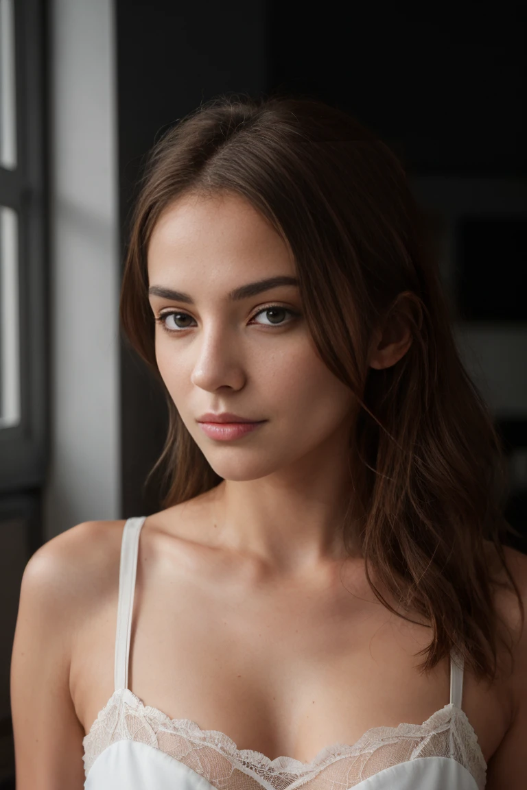 Image ultra détaillé, meilleur qualité, chef d'oeuvre. Jeune femme de 25 ans brune, allongé sur lit, visage parfait, très jolie, grosse poitrine, habillé d'une belle tenu classe en noir, mise au point net du visage, réalisme, Grain de film, sony a4riii Objectif 30 mm RAW f1.8 ouverture, très détaillé (Photographie analogique, couleurs hdr ultra 4k