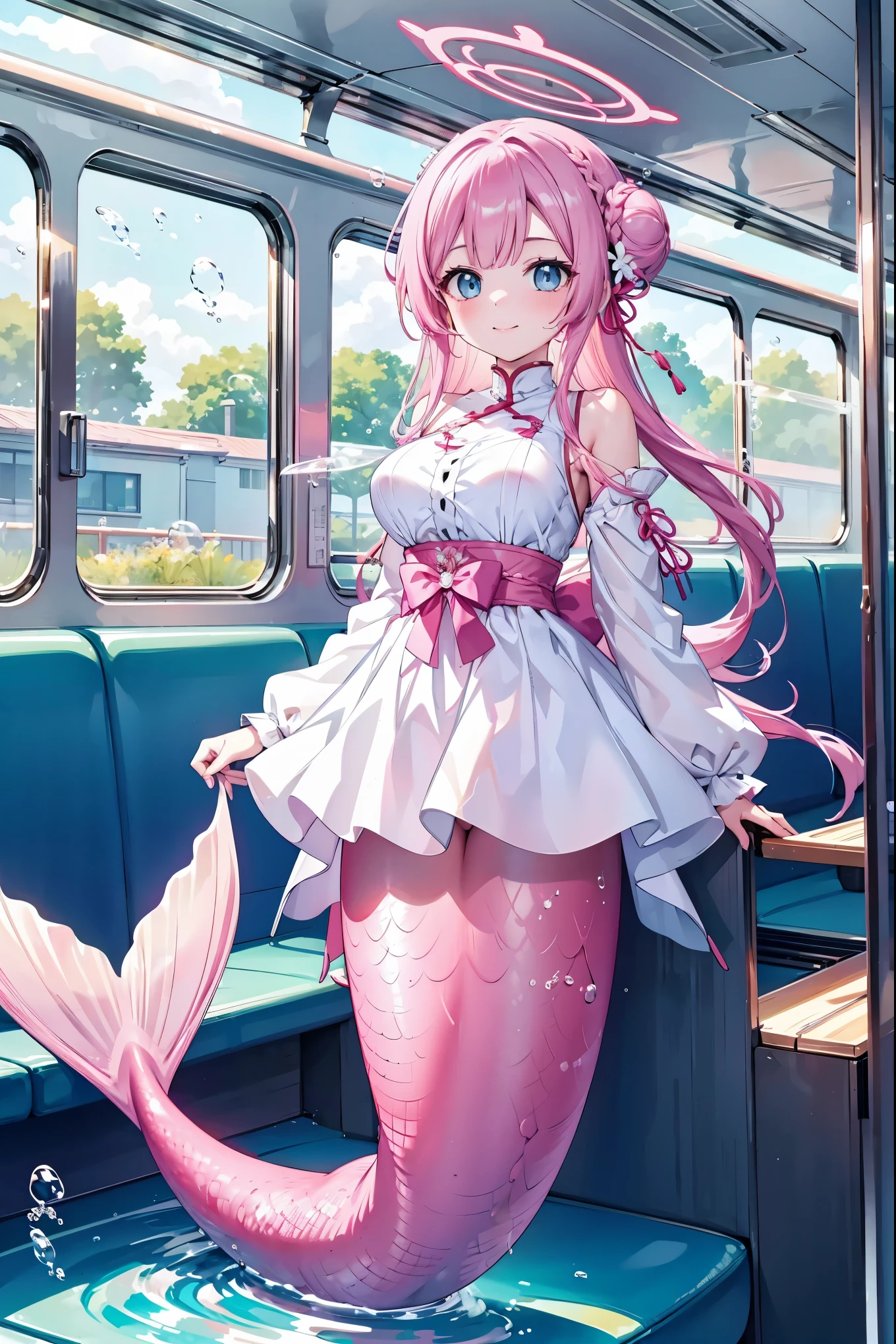 masterpiece, best quality,A girl,Pink Hair,Halo,Hair Bun,blue eyes,breast,单侧Hair Bun,Long hair,粉色Halo,braid,Hair accessories,大breast,White shirt,Mermaid,粉色的Mermaid尾巴,full-body shot,Transportation Facilities_be opposed to_window,(In the water:1.2), (bubble:1.3), Inside the train, (Surreal:1.2),Looking at the audience,Smile